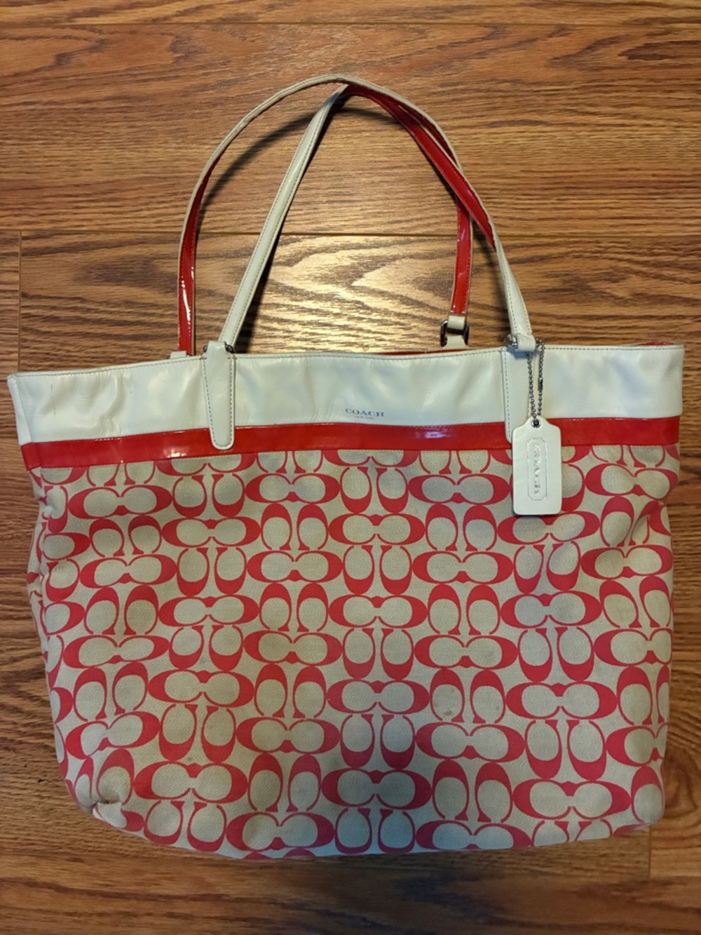 Coach Red Signature Canvas Tote with White Trim
